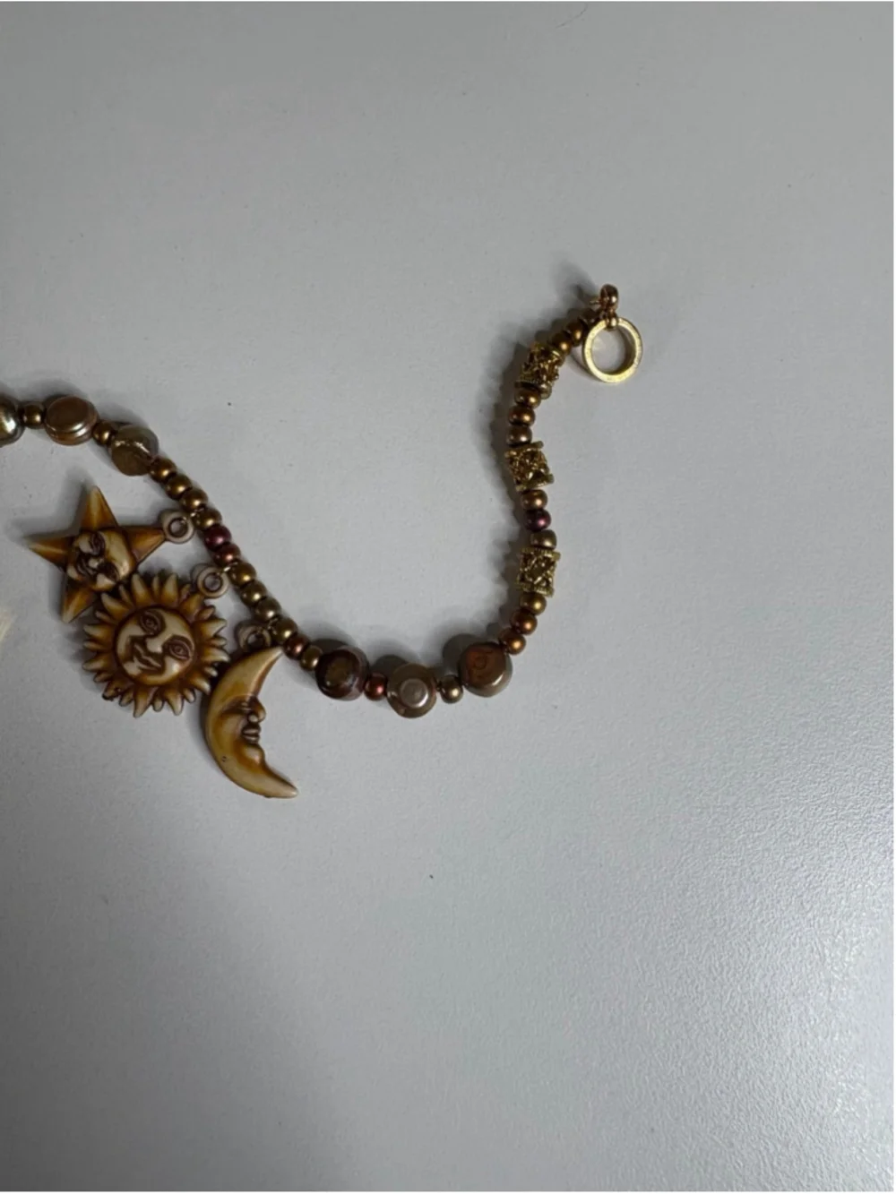 Handmade Sun Moon Star Beaded Clasp Bracelet 7.5” Earth Tones